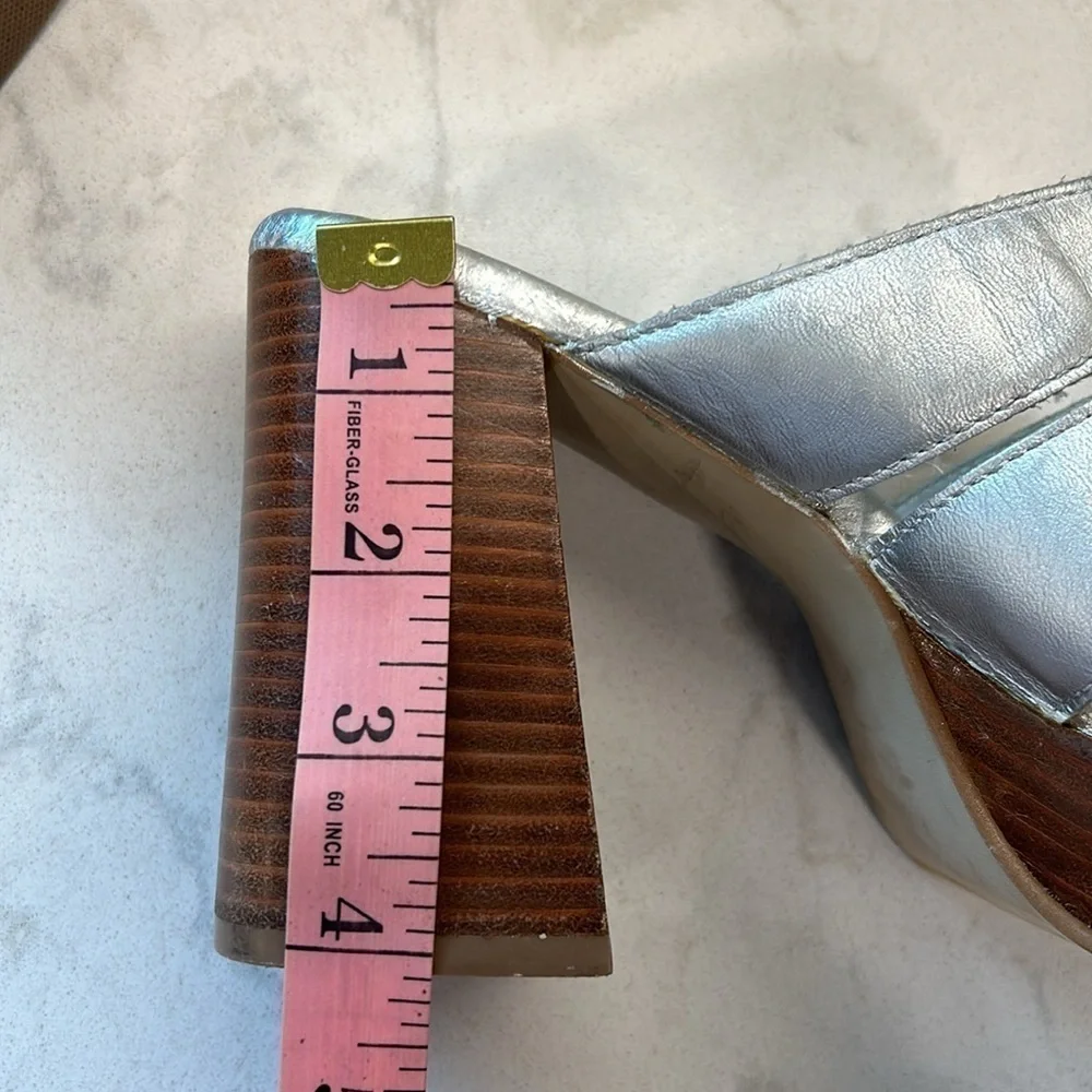 Zodiac Hype Leather Wood Platform Silver Metallic Retro Stacked Heels Size 9